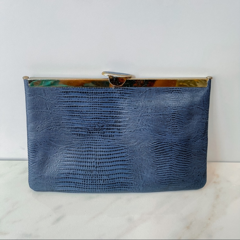 Vintage 70s Etra Envelope Clutch with Shoulder Chain Genuine Scaled Leather Navy